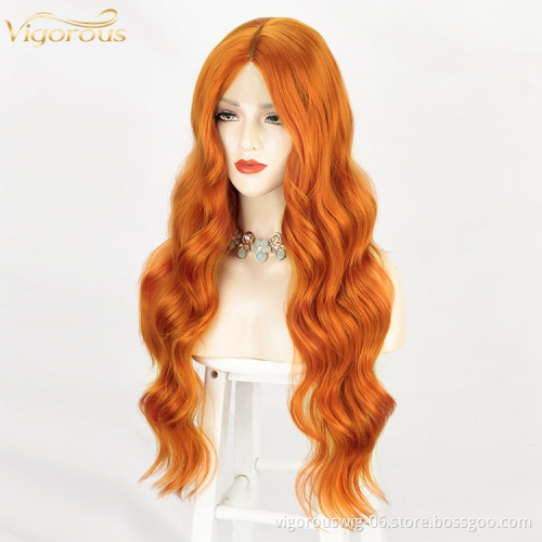 Vigorous Orange High Temperature Fiber Middle Deep Wave Hair Wigs Synthetic Lace Front Wig For Women Middle Part
